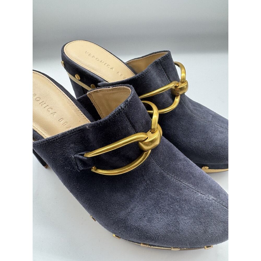 Veronica Beard GilesClog Heels Navy Blue Horsebit Suede Leather Size 7 - Picture 5 of 10